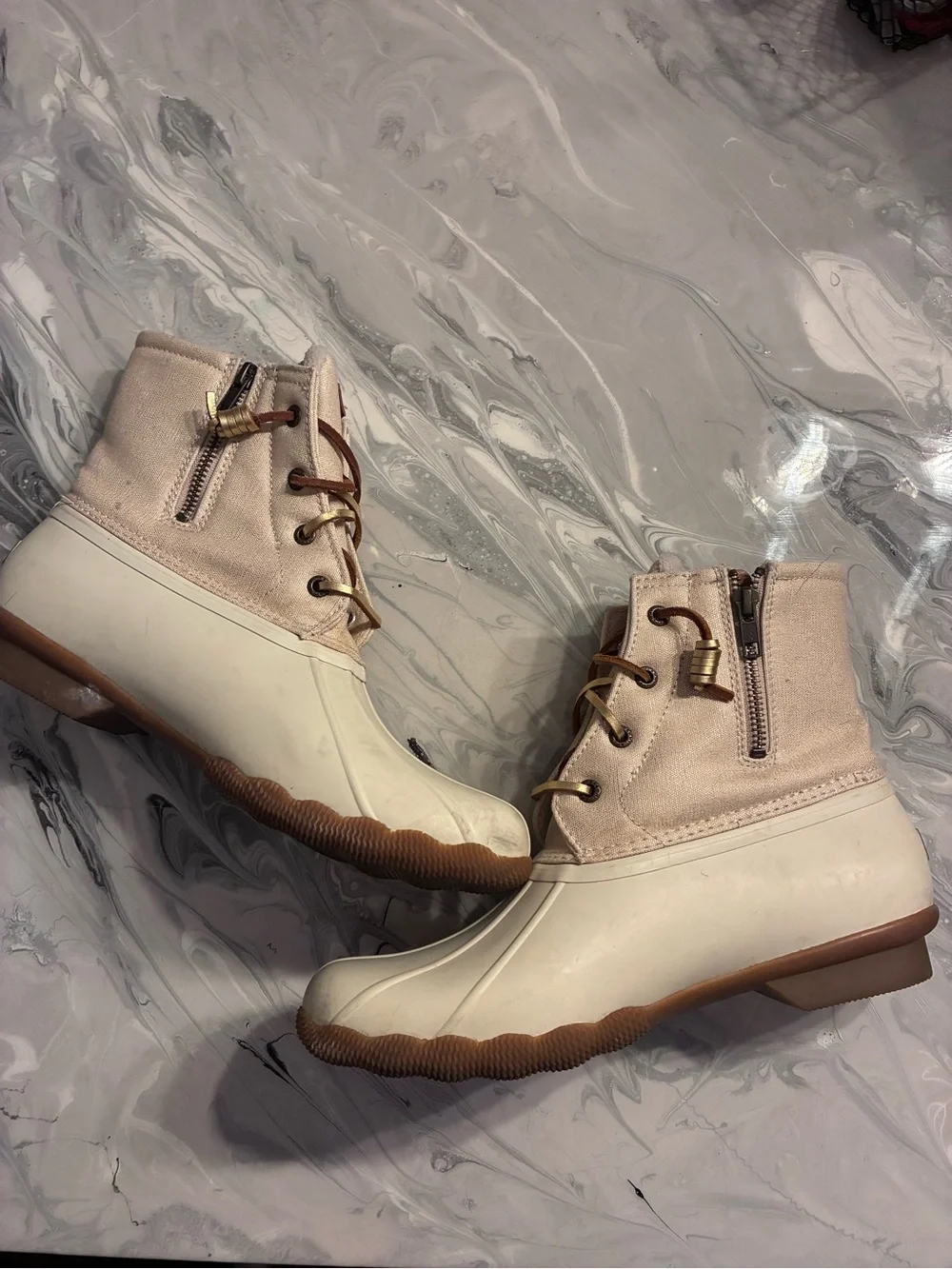 Women's Sperry Cream Gold Glitter Duck Boots with Brown Sole